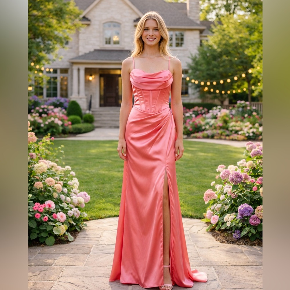 Coral Satin Prom Gown | Size 2 | Corset Bodice with Slit